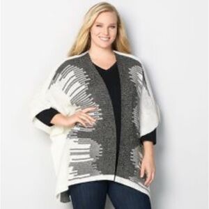 Avenue Boho Ivory & Metallic Silver Knit Poncho Wrap Cardigan - Plus Size
